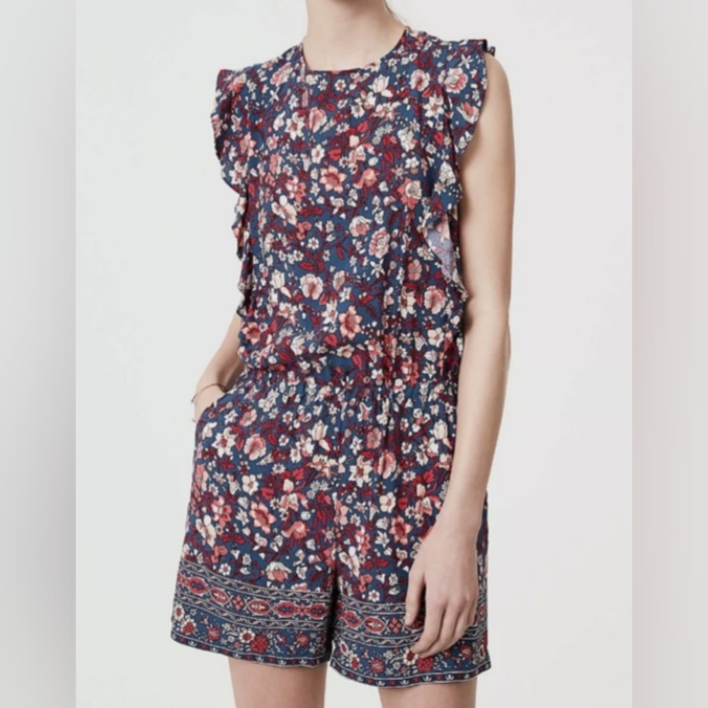 LOFT Floral Ruffle Sleeve Jumpsuit - Blue and Red